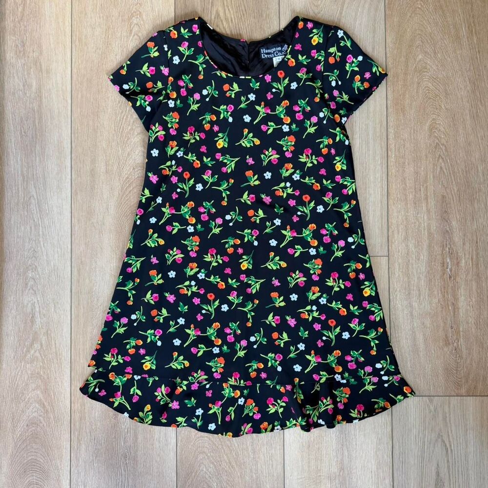 Vintage Hampton Dress Co Black Floral Mini Dress Ruffle Hem Cottagecore Size 8